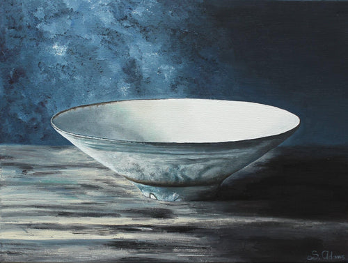 Oil painting of a pale bowl against a textured blue background.