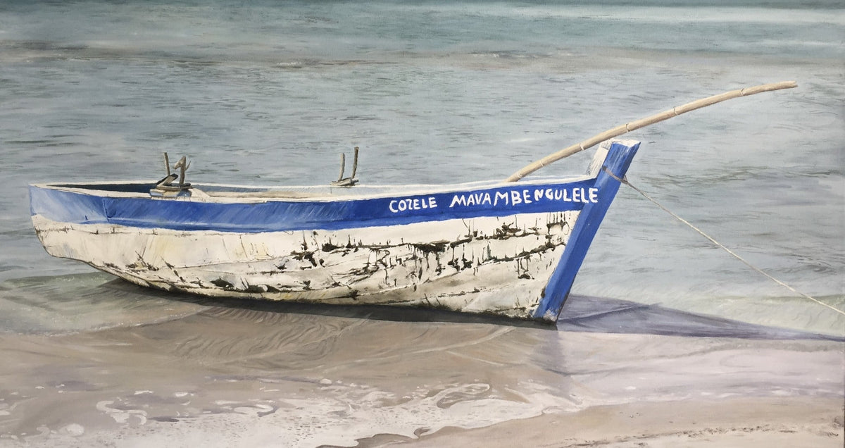 Oil painting of a weathered blue and white fishing boat on a calm shore.