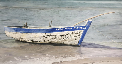 Oil painting of a weathered blue and white fishing boat on a calm shore.