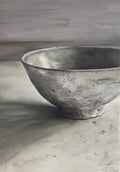 Greyscale oil painting of a cracked, weathered raku bowl.