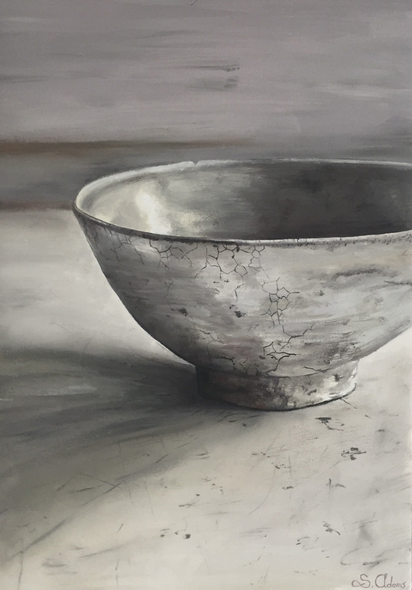 Greyscale oil painting of a cracked, weathered raku bowl.
