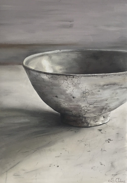 Greyscale oil painting of a cracked, weathered raku bowl.