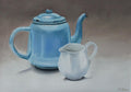 Oil painting of a vintage blue enamel teapot beside a small white jug.