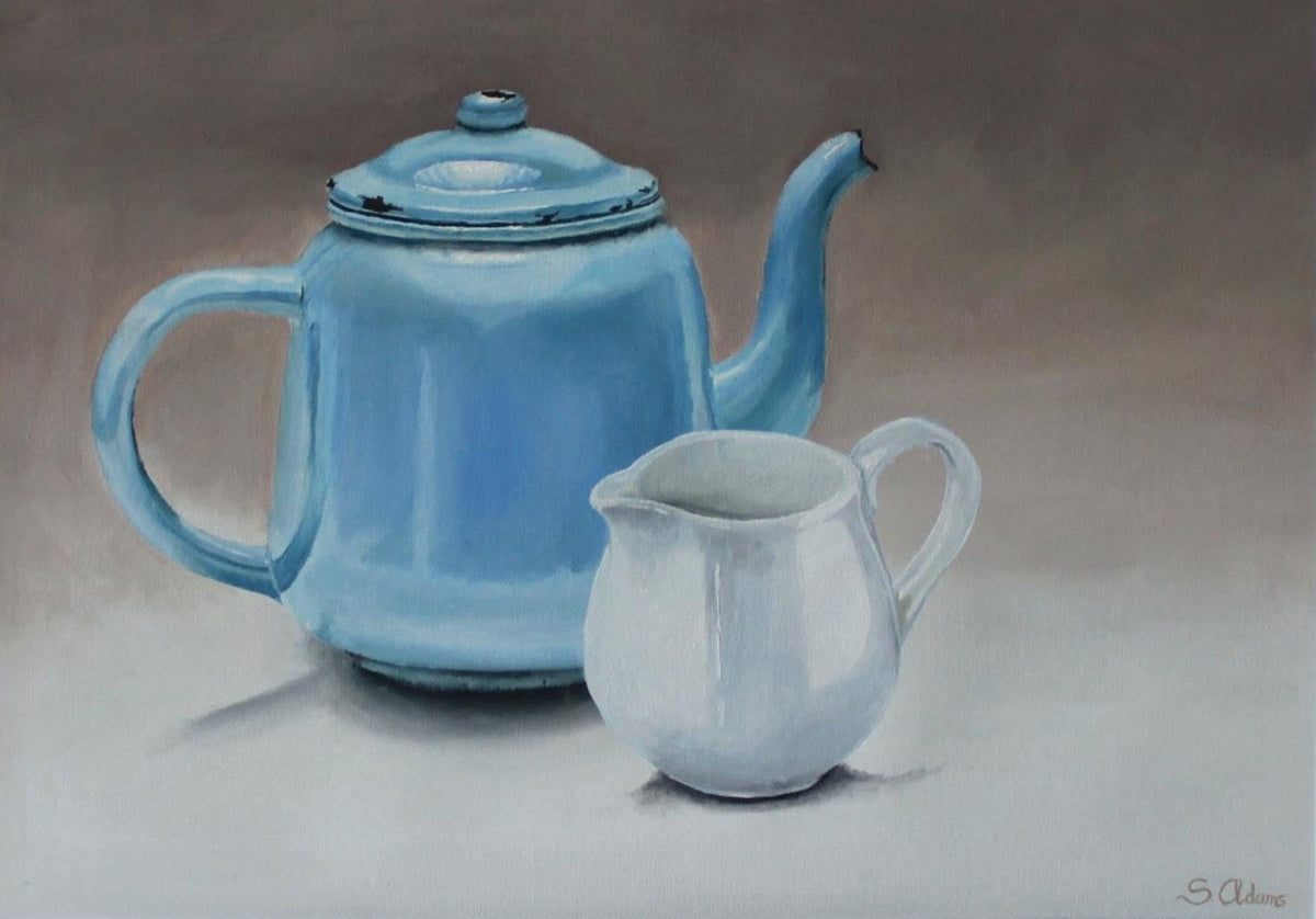 Oil painting of a vintage blue enamel teapot beside a small white jug.