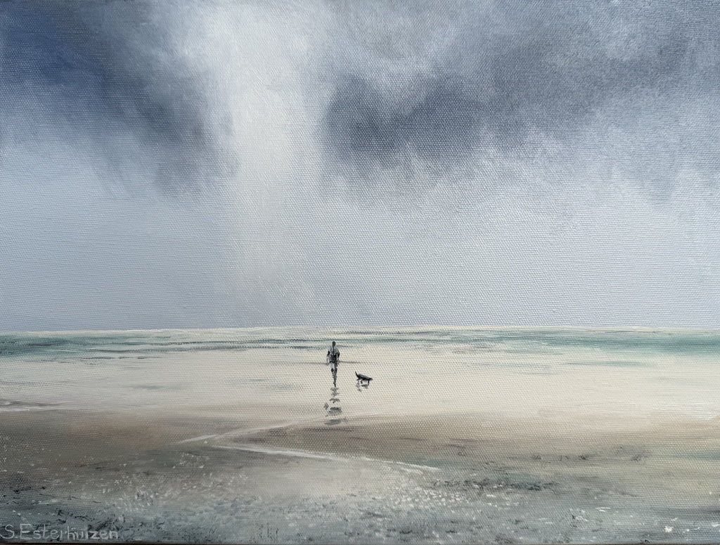 Oil painting of a person walking a dog on a wide empty beach under a grey sky.