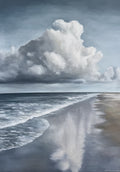 Oil painting of a large white cloud over a beach, reflected in the wet sand.