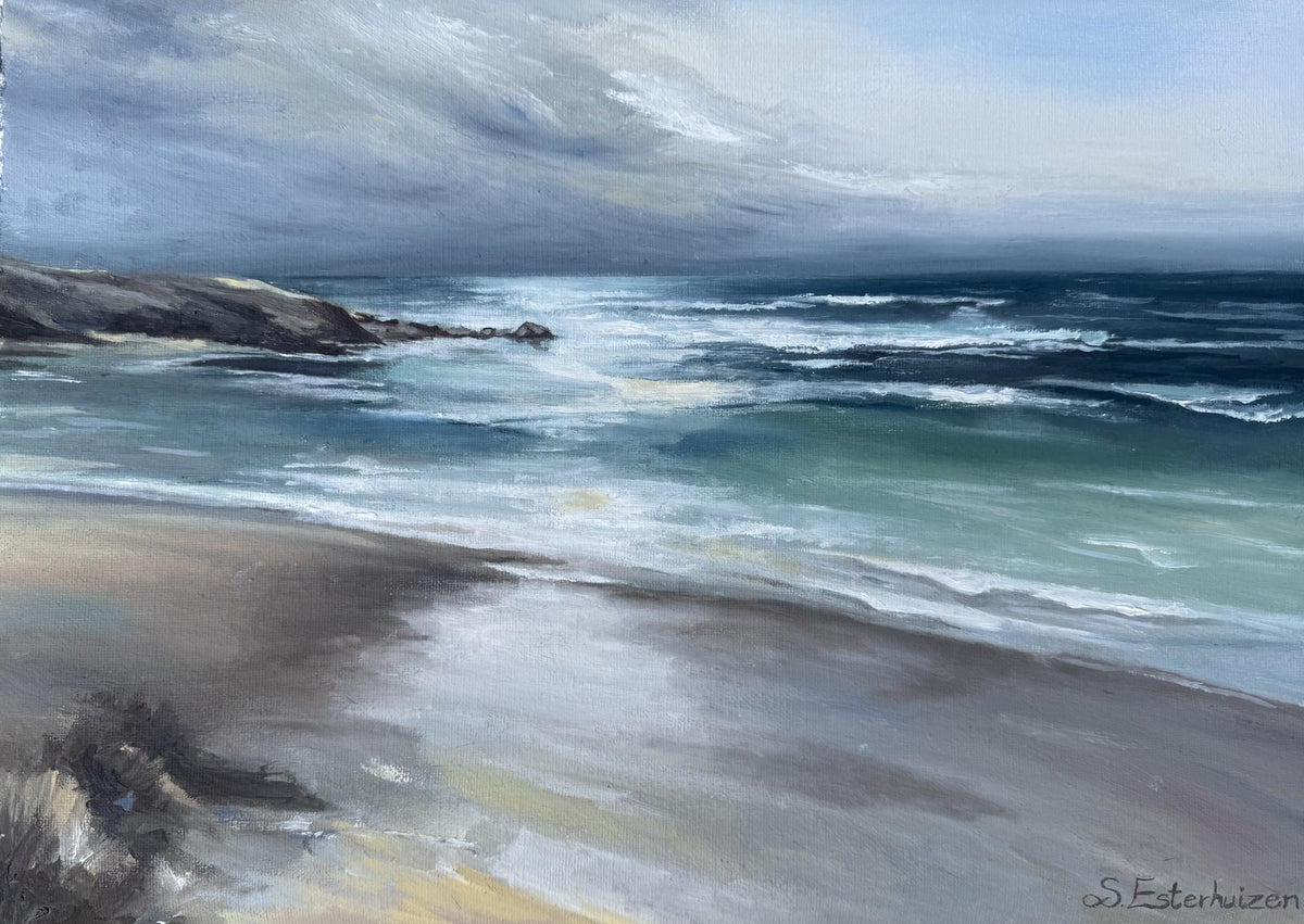 Oil painting of turquoise waves breaking around a rocky headland beside a beach.