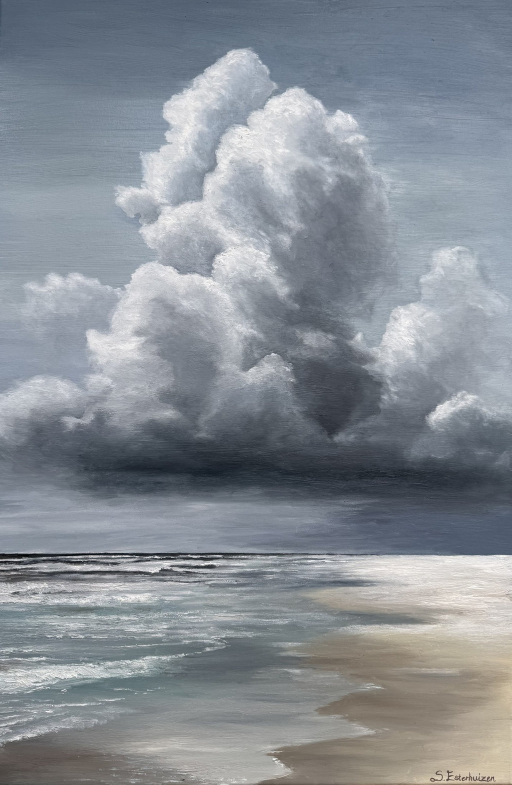 Oil painting of a tall storm cloud rising above a quiet beach and sea.