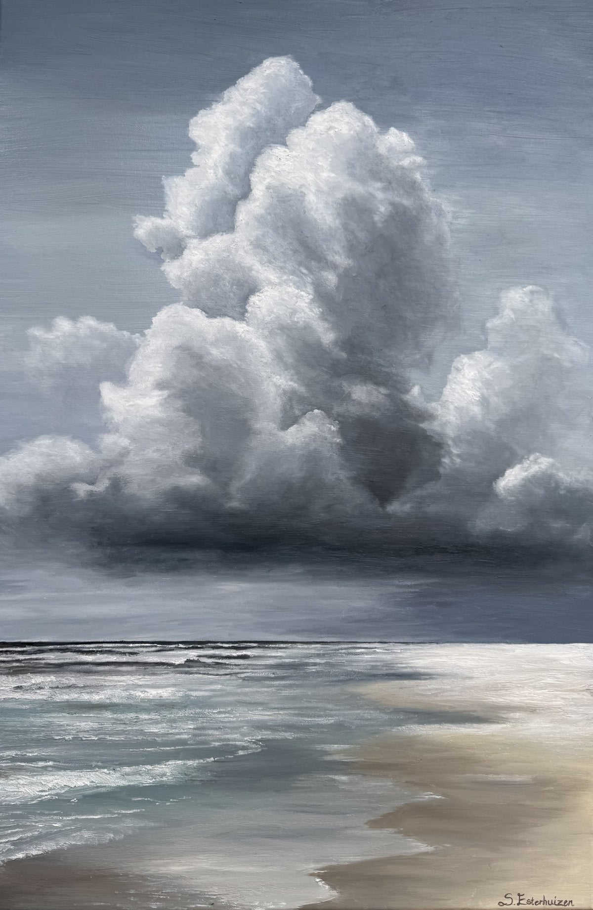 Oil painting of a tall storm cloud rising above a quiet beach and sea.