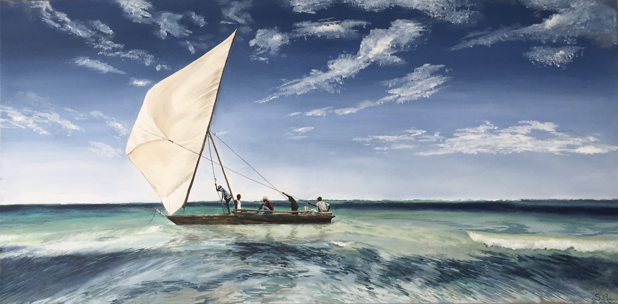 Oil painting of a traditional dhow with a white sail on turquoise sea.