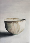 Oil painting of a weathered cream-coloured bowl in soft light.