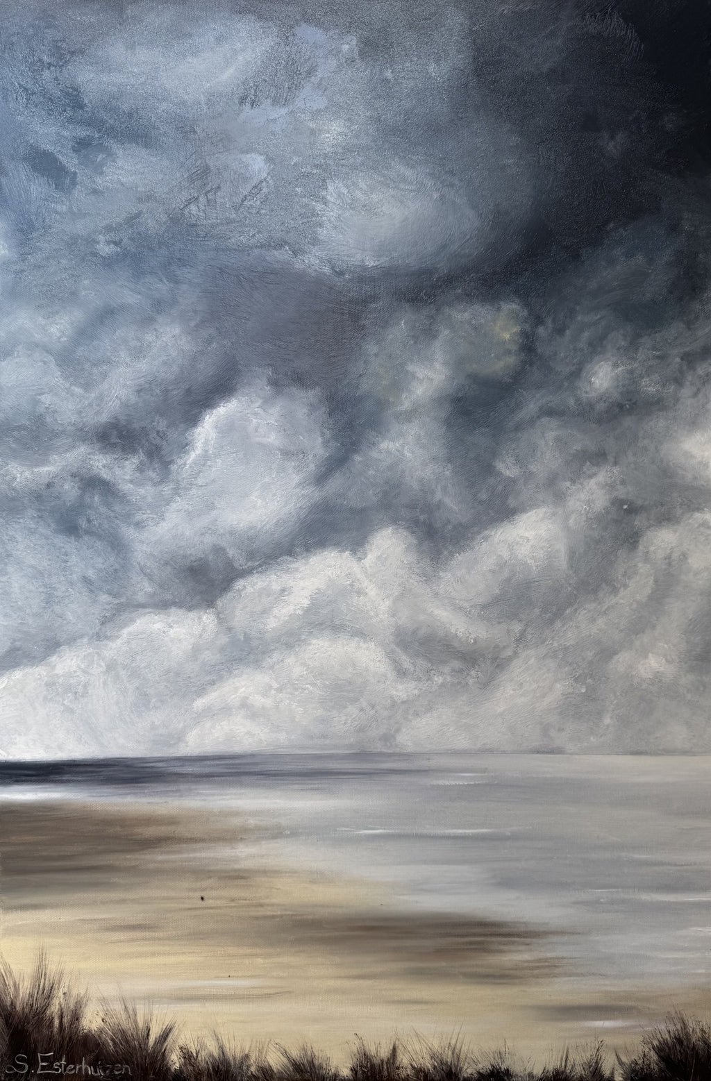 Oil painting of dark storm clouds over dune grass and a beach.