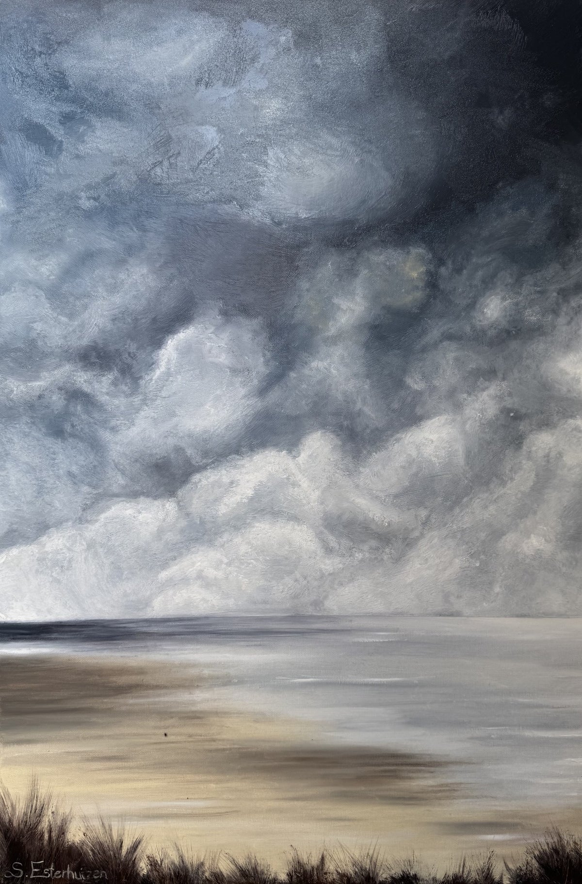 Oil painting of dark storm clouds over dune grass and a beach.